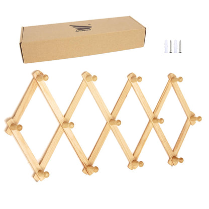 AMAPON Accordion Style Expandable Wall Wooden Coat Rack 13 Hooks (Pegs) Hang Hats Jackets Coffee Mug Purses Necklaces Towels Cap Leash Scarves Data Line Kitchenware