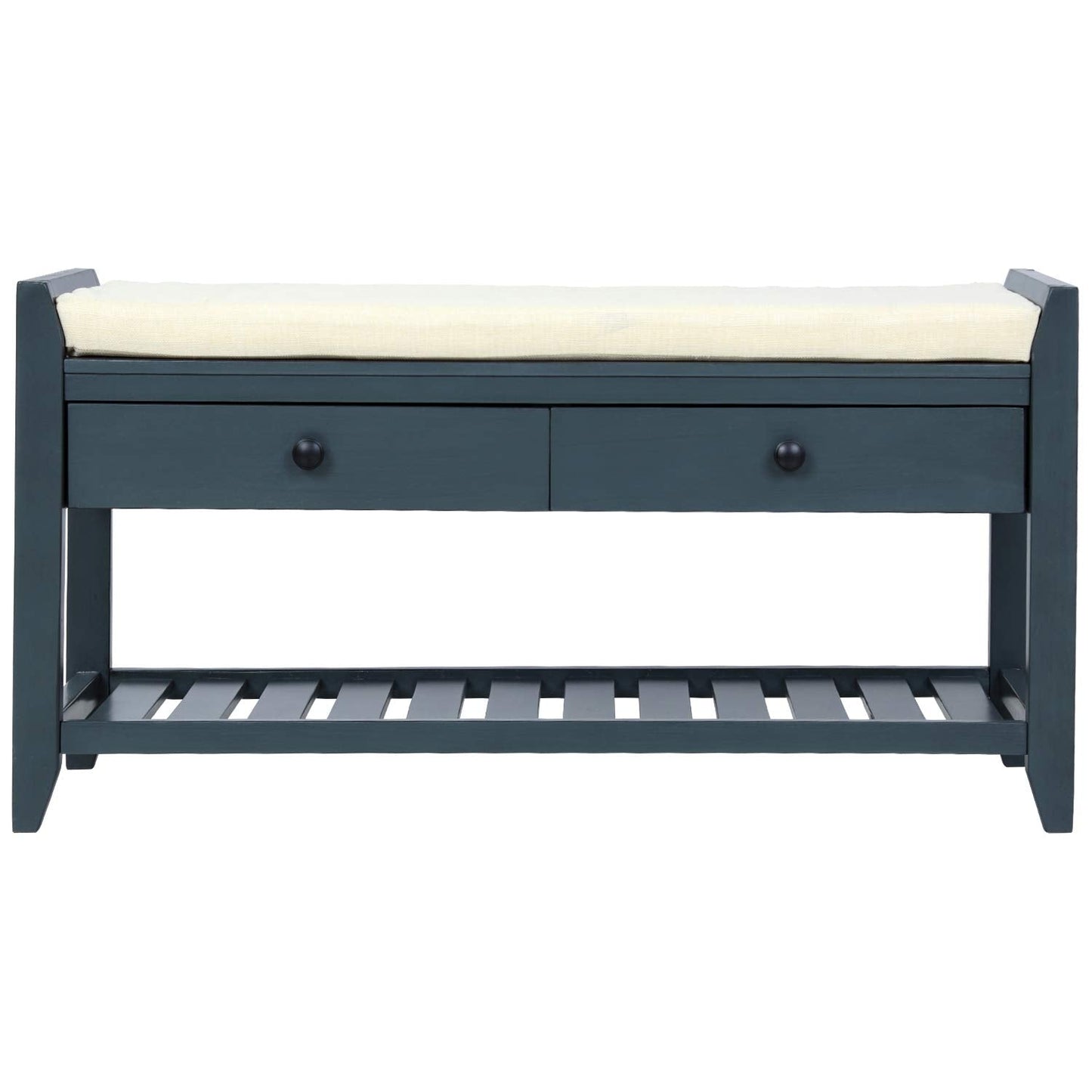 SPOFLYINN Shoe Bench, Entryway Storage Benches with Cushion Seating and Storage Drawers, Multipurpose Wooden Shoe Bench with Bottom Shelf for Entryway Hallway Living Room Bedroom Antique Navy