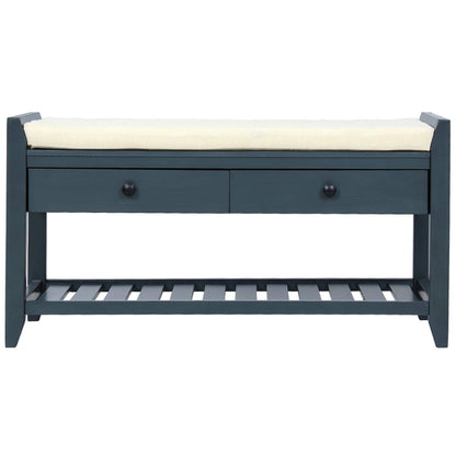 SPOFLYINN Shoe Bench, Entryway Storage Benches with Cushion Seating and Storage Drawers, Multipurpose Wooden Shoe Bench with Bottom Shelf for Entryway Hallway Living Room Bedroom Antique Navy