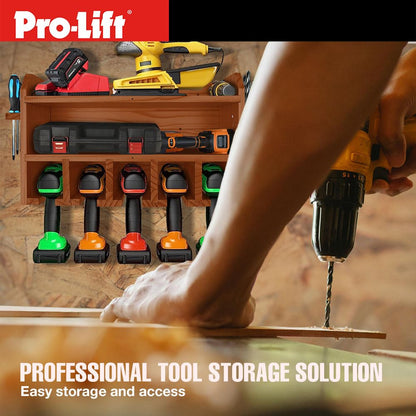 Pro Lift Cordless Drill Organizer – wall mount power tool storage rack, 5 hanging slots, wooden M-003W2