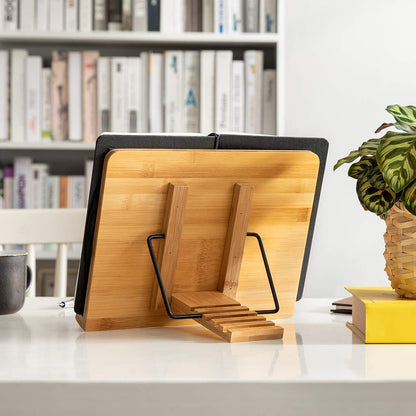 wishacc Bamboo Book Stand for Reading, 13.2" x 9.2" Premium Wooden Cookbook Holder and Recipe Stand for Kitchen Counter, Foldable Adjustable Desk Easel with 5 Angles for Textbooks, Sheet Music, Tablet