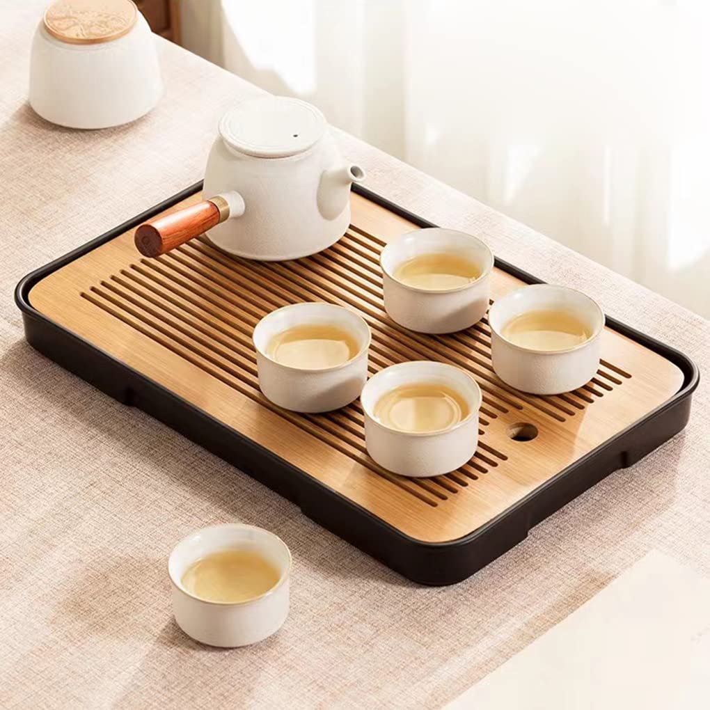14 Inch Bamboo Chinese Gongfu Tea Tray Table Box with Water Storage for Kungfu Tea Set (Style 5 Black)