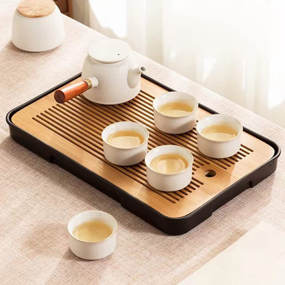 14 Inch Bamboo Chinese Gongfu Tea Tray Table Box with Water Storage for Kungfu Tea Set (Style 5 Black)