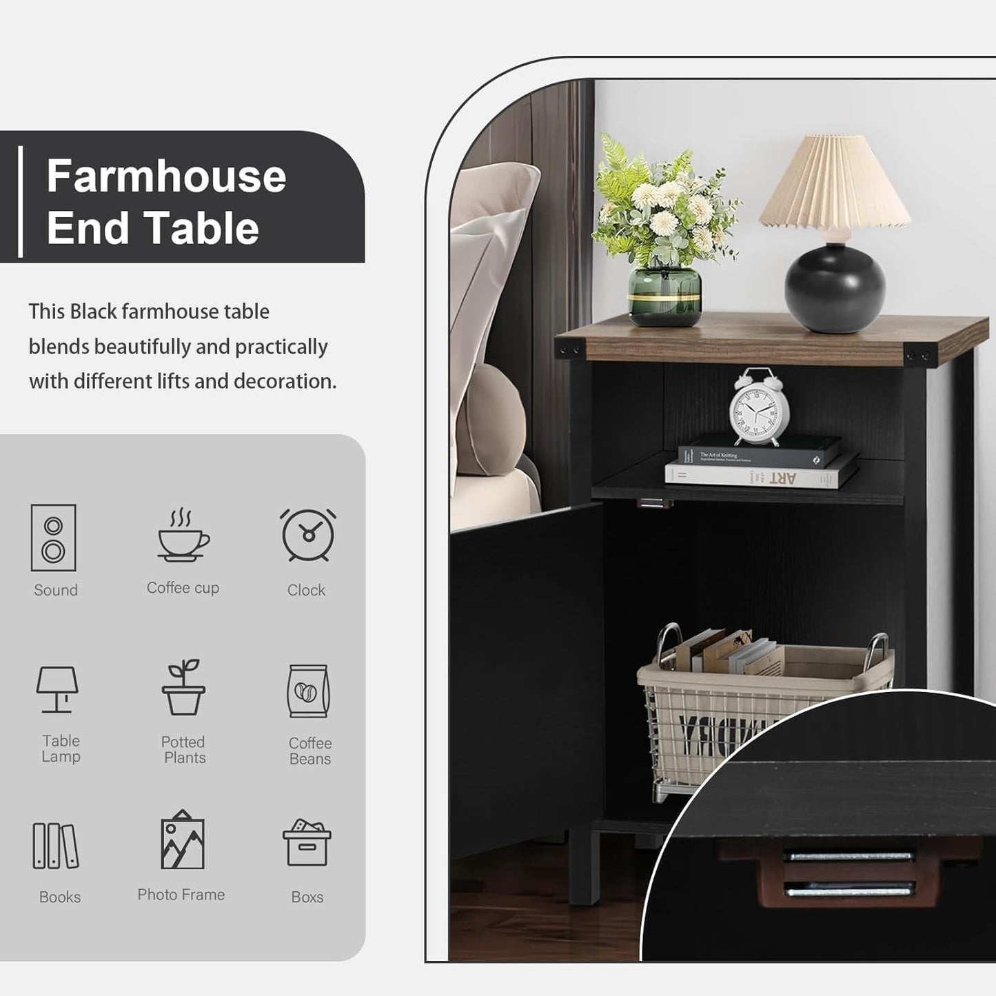 Black Farmhouse Nightstand, Side Table, End Table with Barn Door and Shelf, Rustic Modern Bed Night Stand for Bedroom, Living Room