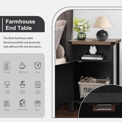 Black Farmhouse Nightstand, Side Table, End Table with Barn Door and Shelf, Rustic Modern Bed Night Stand for Bedroom, Living Room