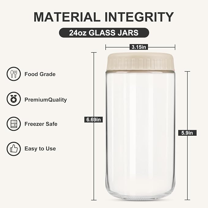 SHOWIN Overnight Oats Containers with Lids, 24oz Glass Jars with Lids 2 pcs, Apricot, Wide Mouth Mason jars for Salad, Yogurt, Snacks, Meal Prep