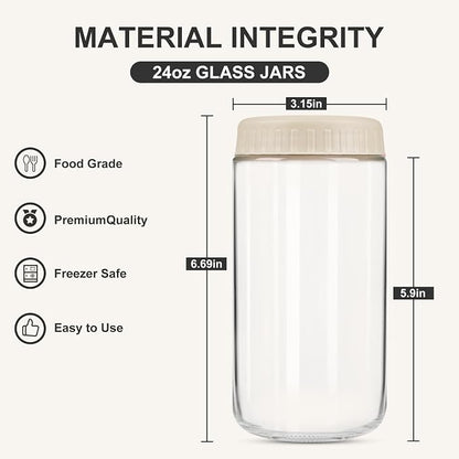 SHOWIN Overnight Oats Containers with Lids, 24oz Glass Jars with Lids 4 pcs, Apricot, Wide Mouth Mason jars for Salad, Yogurt, Snacks, Meal Prep
