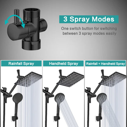 Shower Head, 8‘’ High Pressure Rainfall/Handheld Shower Combo with 11'' Extension Arm, 9 Settings, Anti-leak Shower Head with Holder, Height/Angle Adjustable, Chrome, Matte Black