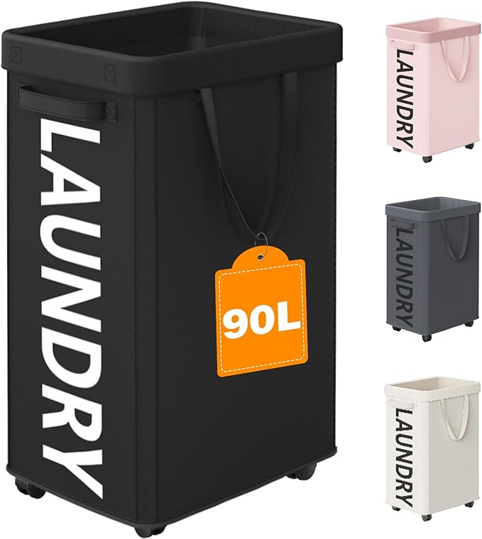 Laundry Basket with Wheels, 90L Rolling Laundry Hamper with Wheels, Large
