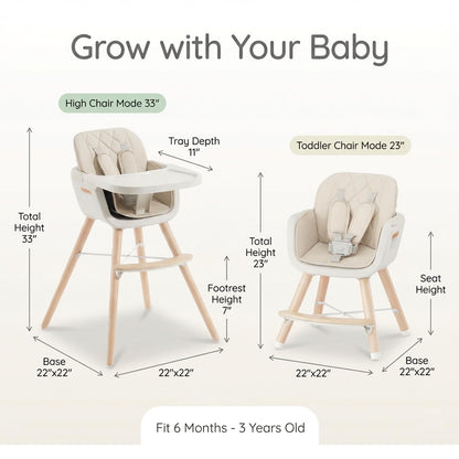 Mallify 3-in-1 Wooden High Chair, Convertible High Chairs for Babies and Toddlers, Baby Highchair with Adjustable Legs & Dishwasher-Safe Tray, Sleek Hardwood & Premium PU Cushion, Beige