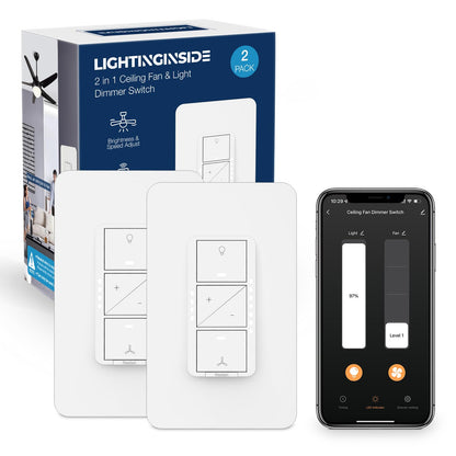 Smart Ceiling Fan Control and Light Dimmer Switch, Compatible with Alexa/Google Assistant/Smart Life, Neutral Wire Required, Single Pole Fan Light Switch, 2.4G Wi-Fi only, Timer, No Hub Required, 2PCS