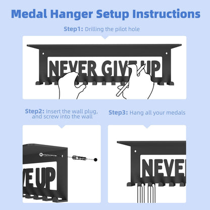 Dafftos Medal Trophy Shelf Hanger Display with Hooks for Medals Race Ribbon Holder Organizer Award Bib Rack Hanging Storage Award Holders Metal Never Give UP