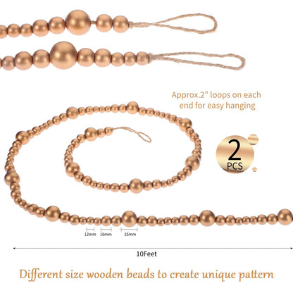 Boao 20 Feet Christmas Wooden Beads Garland Gold Christmas Tree Garland Wall Hanging Prayer Beads for Holiday Home Rustic Farmhouse Natural Boho Decor