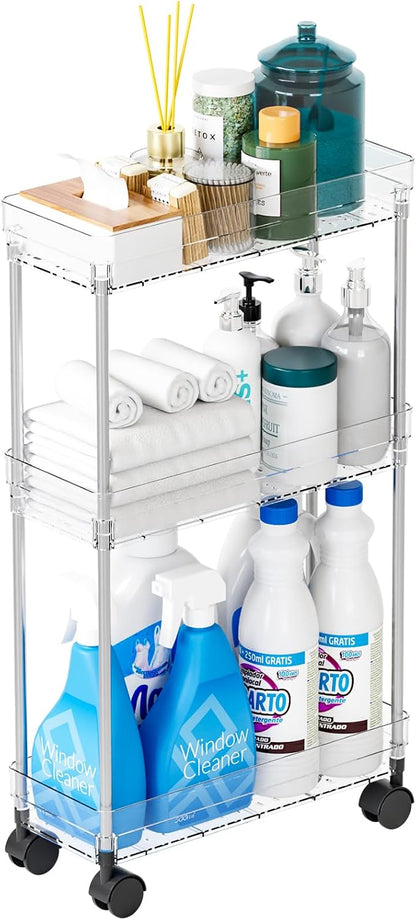Yieach Clear 3 Tier Slim Rolling Storage Cart with Wheels,6.3″W Thin Shelf,Bathroom Storage Cabinet,Skinny Laundry Cart,Narrow Laundry Room Cart Between Washer and Dryer,Skinny Shelves for Small Space