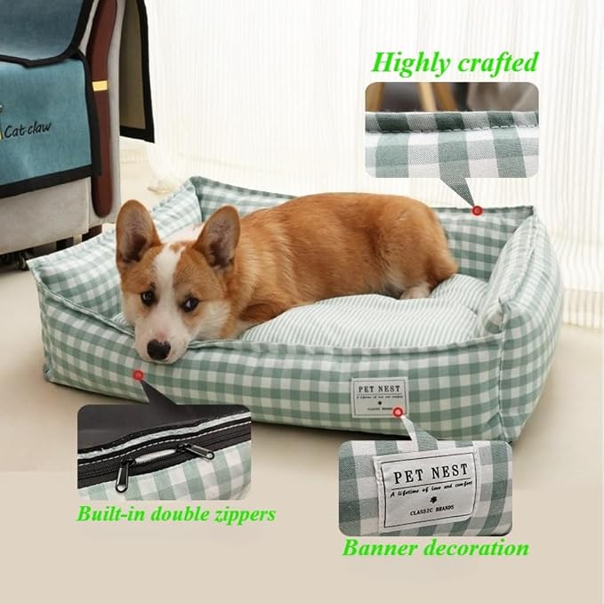 Orthopedic Rectangle Dog Bed for Medium Small Dogs, Plaid Plush Modern Puppy Sofa Bed with Anti-Slip Bottom, Cute Calming Pet Bed(Khaki,X-Large)
