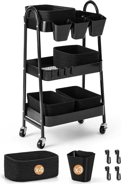 3-Tier Rolling Utility Cart with 4 Woven Baskets, Diaper Book Snack Cart, Storage Organizer for Nursery, Kitchen, Craft Room, Home SPA, Living Room, Metal Frame Trolley on Lockable Wheels, Black
