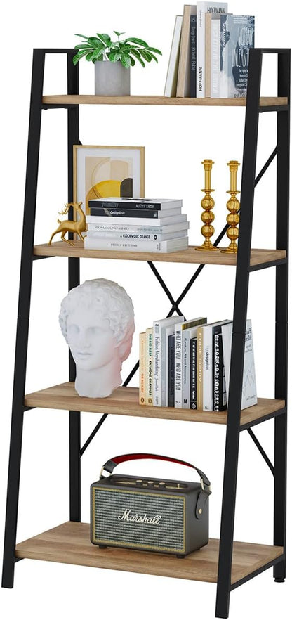 BON AUGURE Farmhouse Ladder Shelf Bookcase, 4 Tier Rustic Ladder Bookshelf, Standing Leaning Book Shelves for Living Room (Vintage Oak)