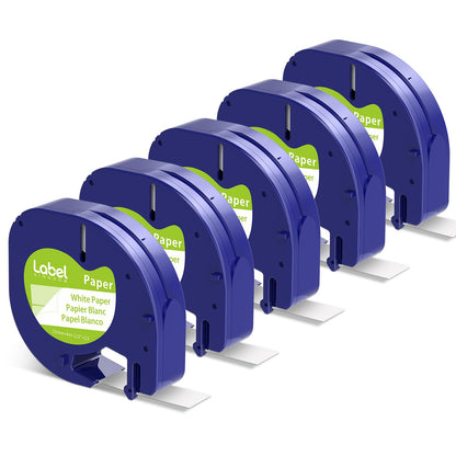 Compatible with Dymo Letratag Refills White Paper Label Maker Tape Replacement for Dymo Label Maker Refills 12mm x 4m (1/2" x 13') for LT-100H 100T Plus 200B, 5-Pack Label KINGDOM 91330 Refills