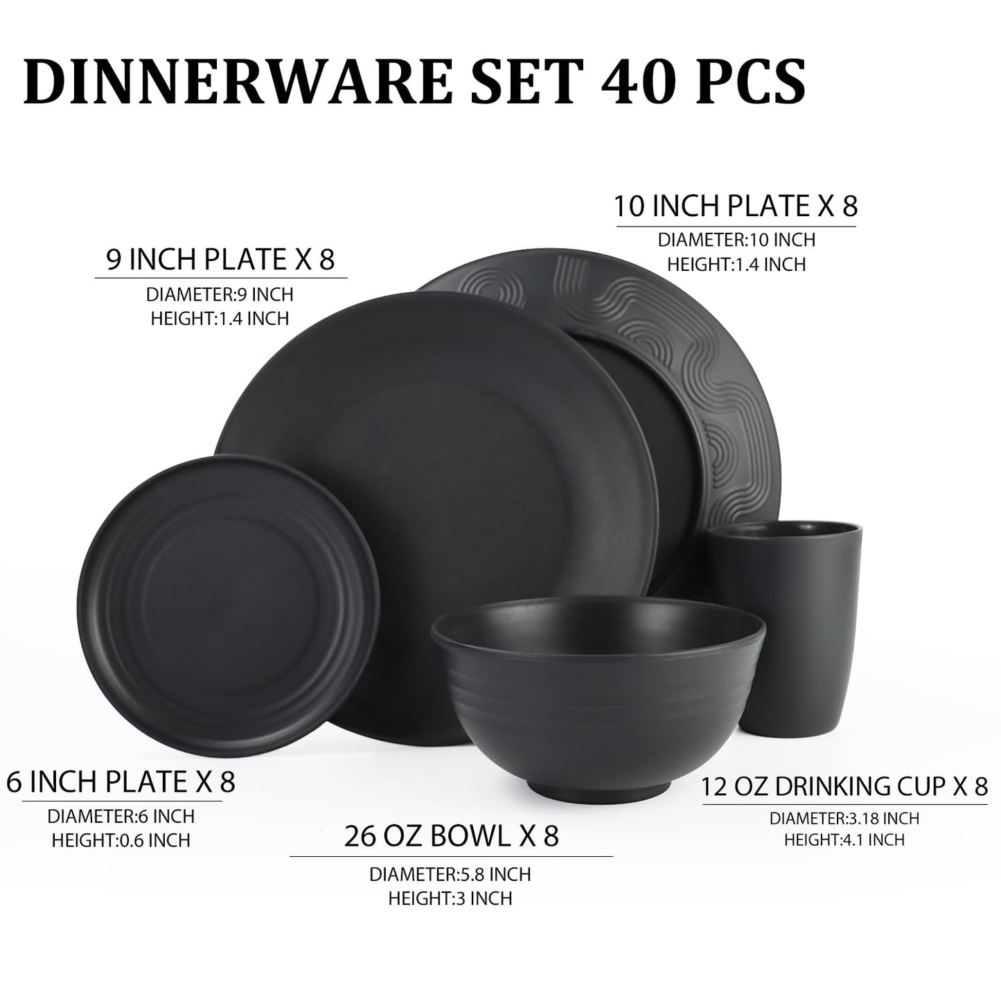 Wheat Straw Dinnerware Set 40-Piece Service for 8 Unbreakable Dishes Set Plates and Bowls Sets Drinking Glasses Microwave Safe Dish Set Lightweight Dinnerware Set for Home & Kitchen - Yellow