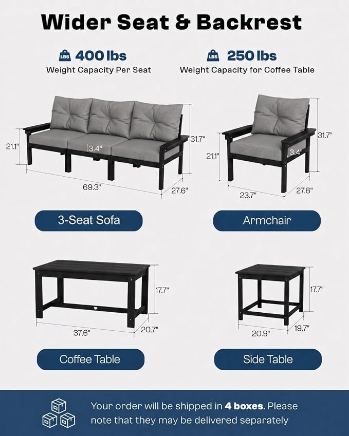 HDPE Patio Sofa Set, 3-Piece Sectional Outdoor Patio Furniture Set, All Weather Outdoor Couch Set with Grey Washable Thick Cushions for Lawn, Garden, Deck, Balcony, Porch(Black Frame)