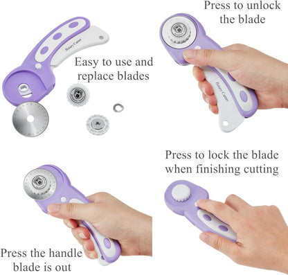 Headley Tools 39 Pcs Rotary Cutter Set - Quilting Kit incl. 45mm Fabric Cutter with 5 Extra Blades, A4 Cutting Mat, 2 Craft Knife Set, Sewing Clips, Ideal for Crafting, Sewing, Patchworking Purple