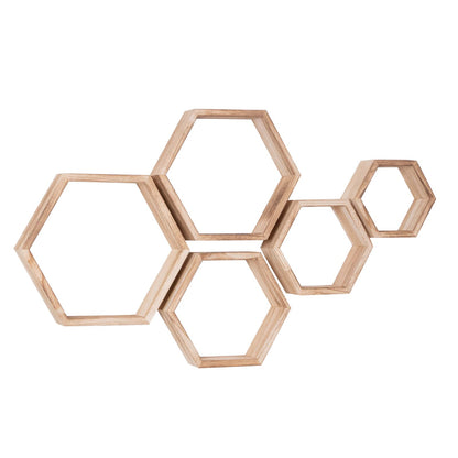 WONFUlity Hexagon Floating Shelves Honeycomb Shelves Wall Mounted Wood Farmhouse Storage Wall Shelf for Bathroom, Kitchen, Bedroom, Living Room,Driftwood Finish Decor,Light Brwon