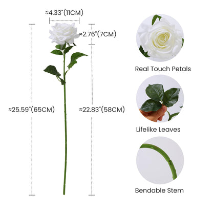 PIDOFOX Artificial Flowers, 5Pcs Real Touch White Roses, Realistic 4.3''Big Flower Head Faux Silk Roses Bouquets with Long Stem for Wedding DIY & Home Table Centerpieces Decoration