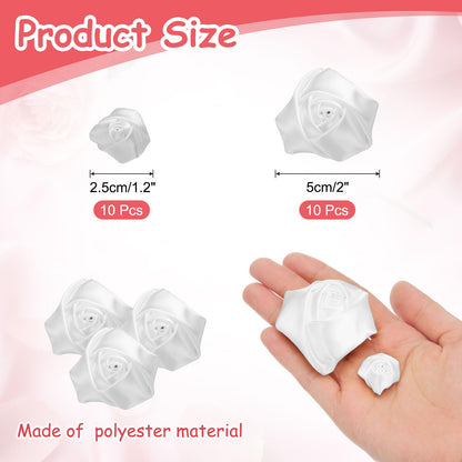 uxcell 20pcs 2Size Satin Ribbon Roses 2.5cm/5cm Ribbon Flower Rose Artificial Fabric Flowers for DIY Crafting Accessories Sewing Wrapping Wedding Gift Decoration (White)