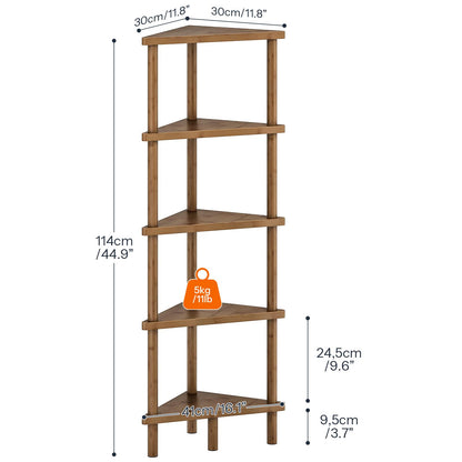 HOOBRO Corner Shelf Stand, 5-Tier Bamboo Corner Bookshelf, Plant Display Shelf, Corner Bookcase, Multipurpose Shelving Unit for Small Space, Living Room, Easy Assembly, Mocha MA20CJ01