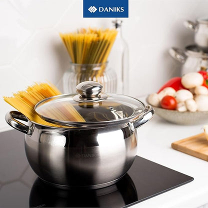 Daniks Classic 4 Quart Stainless Steel Stock Pot with Glass Lid, Tri-Ply Bottom for Even Heating, Induction Compatible, Dishwasher Safe