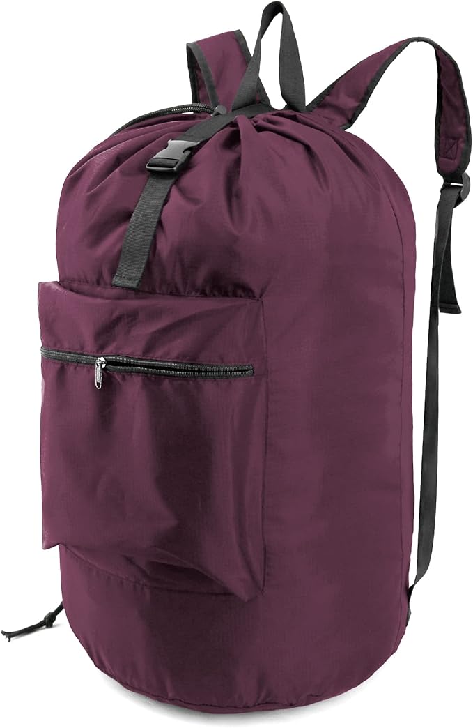 BeeGreen Laundry-Bag-Backpack-Heavy-Duty, Burgundy Nylon Drawstring Portable
