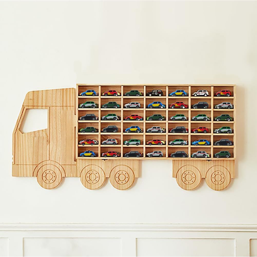 Wasaiggon Wood Toy Car Display Rack, Holds 42 Diecast Cars Model Car Display Case 1/64 Scale Toy Cars Organizer Freestanding or Wall-Mounted Toy Car Storage Cabinet