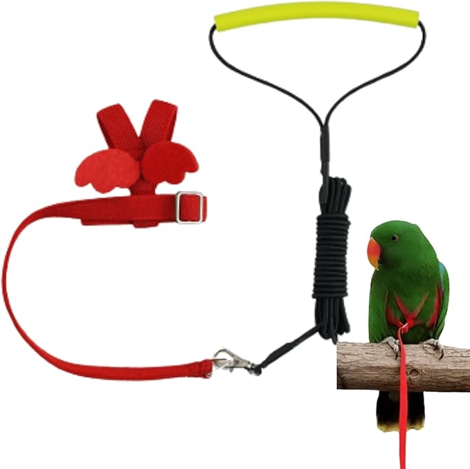 Pet Parrot Bird Harness and Leash, Adjustable Training Design Anti-Bite, Bird Nylon Rope with Cute Wing for Lovebird Budgie African Grey Macaw Conure (Red,S)