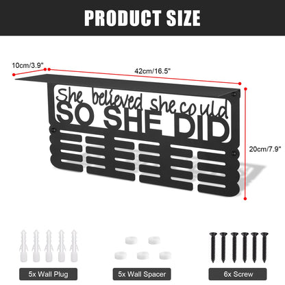 Takytao Medal Hanger Display with Trophy Shelf, Upgraded Sports Medal Holder Trophy Display Shelf Ribbon Holder Simple Wall Hanger (SHE BELIEVED SHE COULD SO SHE DID)