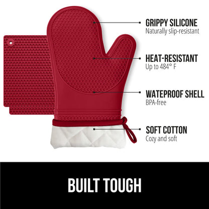 GORILLA GRIP BPA-Free Soft Silicone Oven Mitts and Pot Holders Sets, Heat Resistant Waterproof Cooking Gloves, Thick Cotton Lining, Flexible Gripping for Baking Grilling, Kitchen Trivets, Turquoise