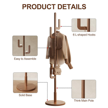 Muwuele Solid Wood Cactus Coat Rack, Freestanding Coat Rack With 6 L-Shaped Hooks and 3 Adjustable Sizes, Coat Tree for Bedroom, Entryway, Livingroom, Coat Hanger Stand for Coats, Handbags (Walnut)