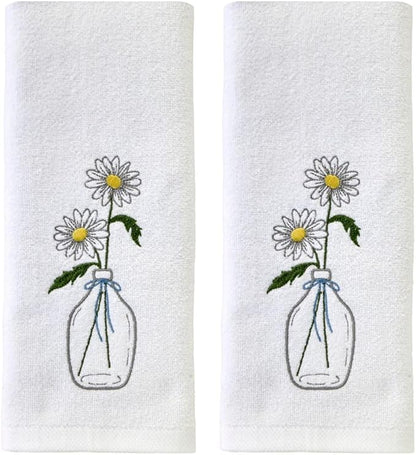 SKL Home Daisies in Vase 100% Cotton Embroidered 2pc Hand Towel Set, Decorative