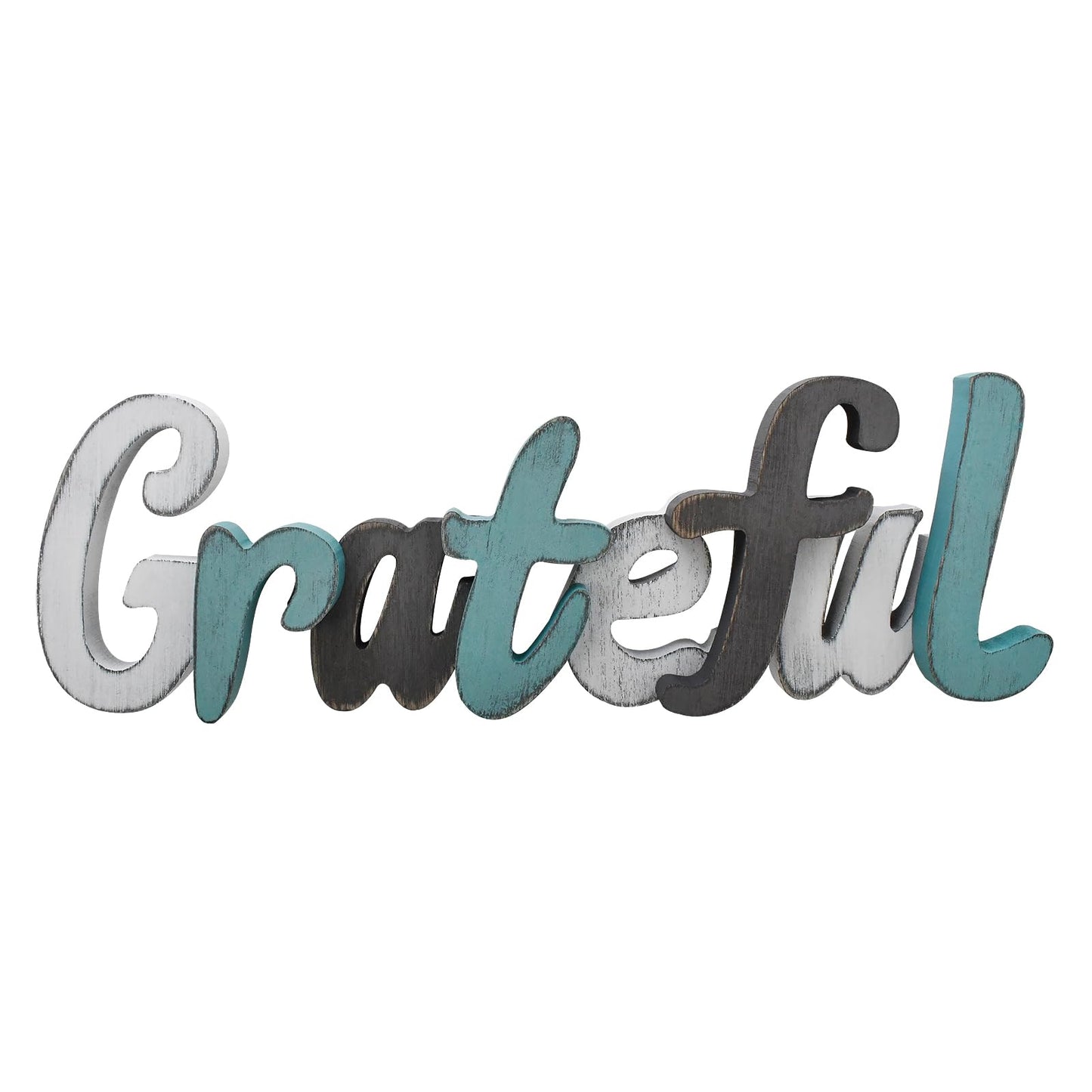 Rustic Wooden Teal Home Sign Decorative Cutout Letters Freestanding Block Word Sign Hanging Ornament Table Shelf Decor (Grateful)