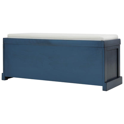 Ball & Cast 43.7" Wood Frame Entryway Storage Bench w/ 3 Movable Rattan Panel Drawers&Cushion, Rustic Shoe Rack Bedroom End of Bed Bench with Upholstered Seat, No Assembled Needed, Antique Navy
