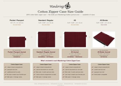 WANDERINGS Zipper Case Card Sleeve Holder Travelers Journal Accessory for Refillable Travel Journals - A5 Size - 5.25" x 8.25" - Durable 100% Cotton Fabric Planner Accessories Case