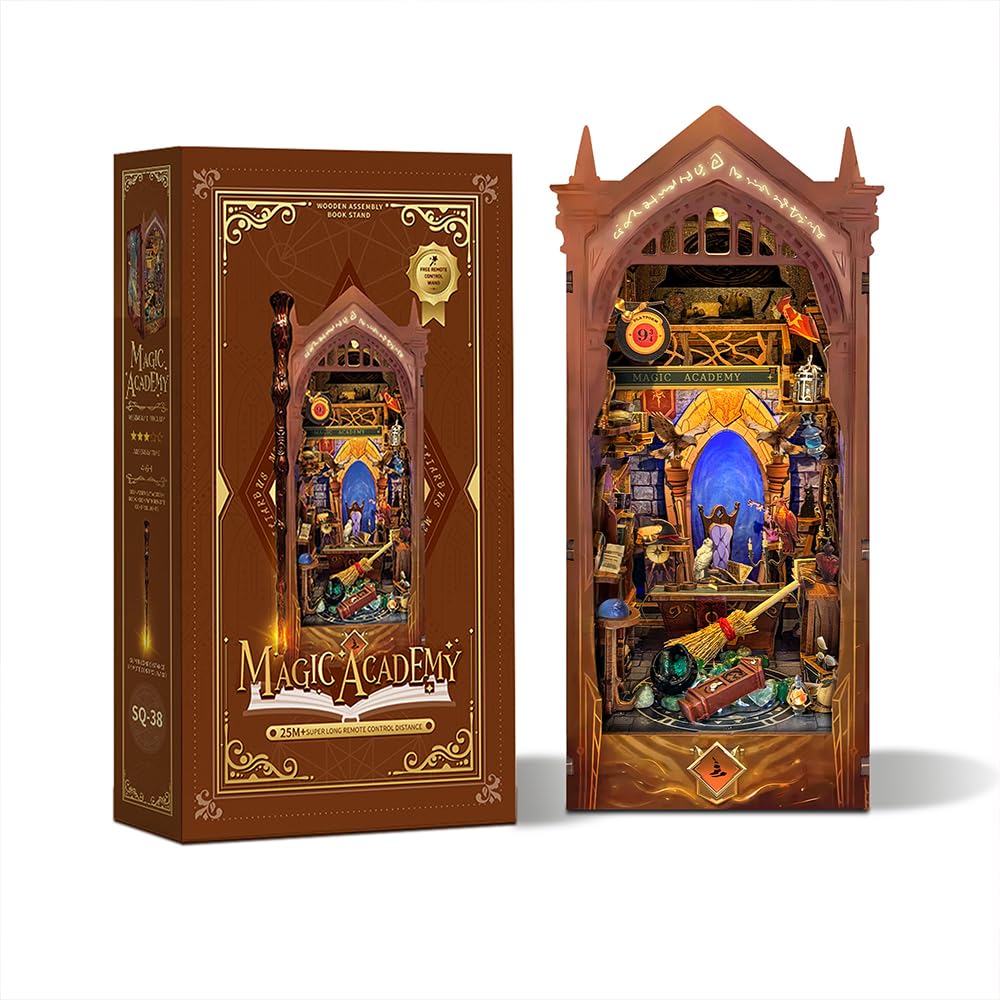 Magic Book Nook Kit with Remote Wand, 3D Wooden Puzzle, Dollhouse Miniature Booknook Kit Creative Bookend Bookshelf Decor for Adults Teens - Magic Academy(SQ-38)