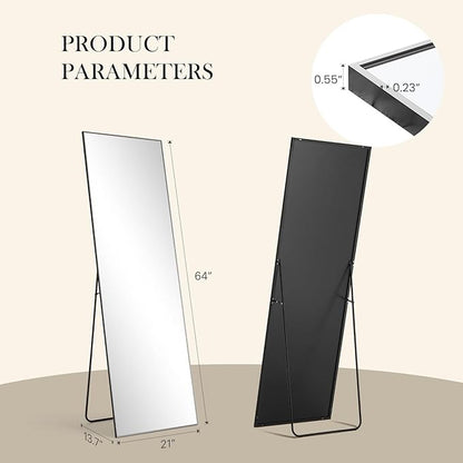 NEWBULIG Mirror Full Length, 64"x21" Body Wall Mirrors with Shatter-Proof Glass, Upgraded Floor Standing Mirror, Hanging or Leaning, with Stand Aluminum Alloy Frame for Home Decor, Bedroom, Black