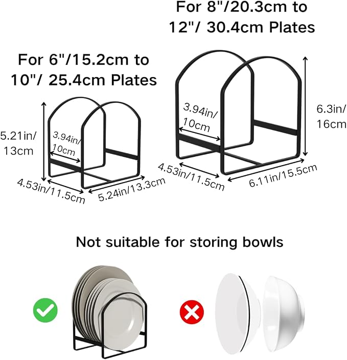 LINFIDITE 2 Pack Kitchen Plate Holder Organizer for Cabinet Space Saver Dinner Plate Storage Rack Upright Dish Drying Racks Metal Dish Stand for Cupboard Countertop Rustproof Black (1 Large 1 Small)