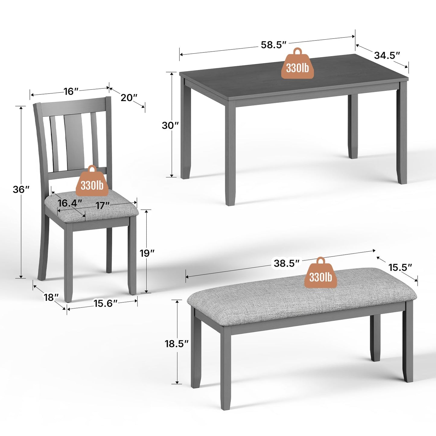 Zevemomo 6-Piece Wooden Dining Table Set, Dining Table Set for 6, Including 1 Dining Table, 4 Upholstered Chairs and 1 Bench, Wooden Legs Dining Table, Table Set for Dining Room & Kitchen, Grey