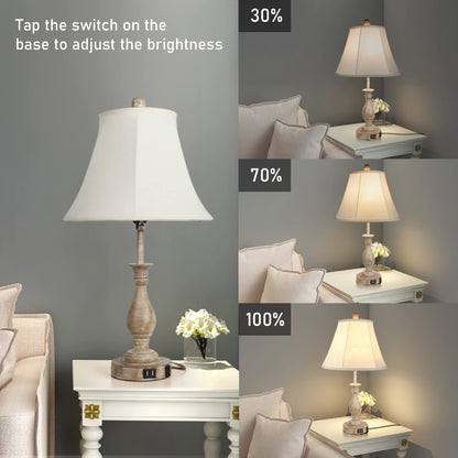 LALISU Farmhouse Table Lamp Touch Control 3-Way Dimmable Table Lamp, Modern Nightstand Lamp with 2 USB Port Bedside Desk Lamp with Fabric Shade for Living Room Bedroom Hotel (Pack 1-Beige Shade)