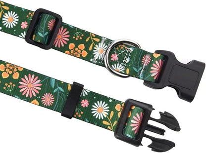 Mihqy Dog Collar and Leash Set with Bohemia Floral Tribal Geometric Patterns - Soft Ethnic Style Collar Adjustable for Small Medium Large Dogs(Dark Green Flower Set,L)