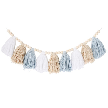 Coastal Boho Blue Tassel Garland Room Decor, Handmade Yarn Wood Beads Banner for Nursery, Baby Boy Shower Decorations for Wall Hanging, Classroom Decor, Birthday Party and Photo Backdrop