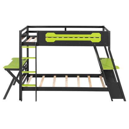 DNYN Gaming Bunk Bed with Dual Built-in Desks and USB Ports for Teens/Adults Bedroom, Twin Size Wooden Bed Frame with Pegboard Organizer/Ladder/Guardrails, No Box Spring Needed & Space-Saving