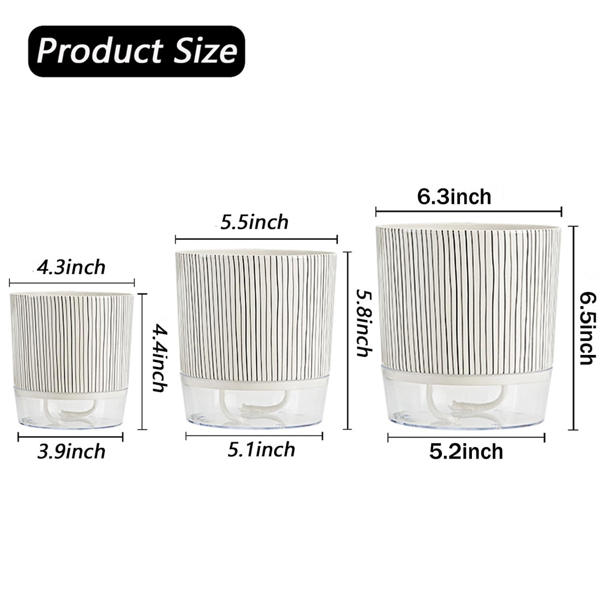XKYQSY 3 Pack 4.3+5.5+6.3 Inch Self Watering Pots Set, Self Watering Planter with Reservoir and Wick Rope for Indoor/Outdoor Plants, Modern Houseplants Pots for African Violets,Cactus,Succulents