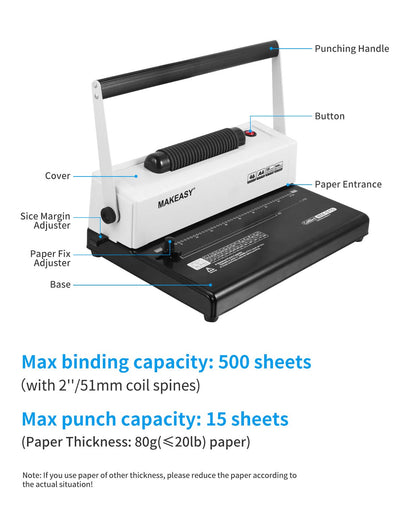 MAKEASY Coil Spiral Binding Machine 4:1 pitch - Manual Hole Punch - Electric Coil Inserter - Adjustable Side Margin - for Letter Size/A4/A5, Comes with 1 Box 5/16'' Plastic Coil Binding Spines & Plier